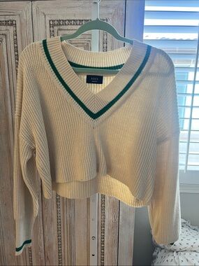 Preppy Vici Cream V-Neck Sweater with Green Trim